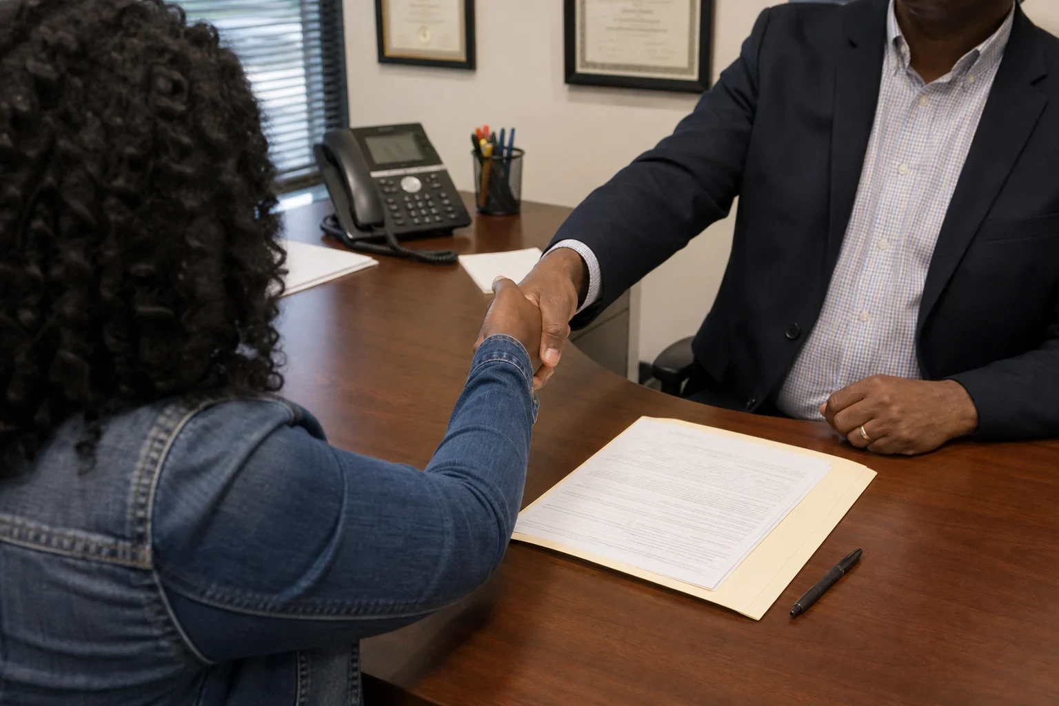 Agent in a navy blazer shakes hands with a client in a denim jacket across a wooden desk with a folder of papers, a pen, a desk phone and framed certificates behind