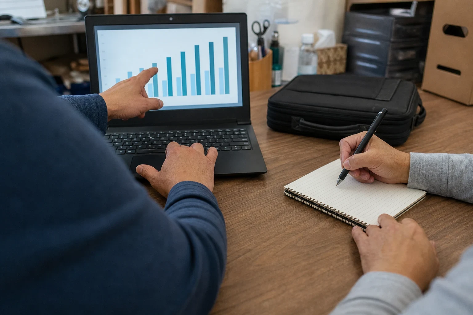 Over-the-shoulder view of a person pointing at a bar chart on a laptop while another person takes notes in a spiral notebook at a wooden office desk