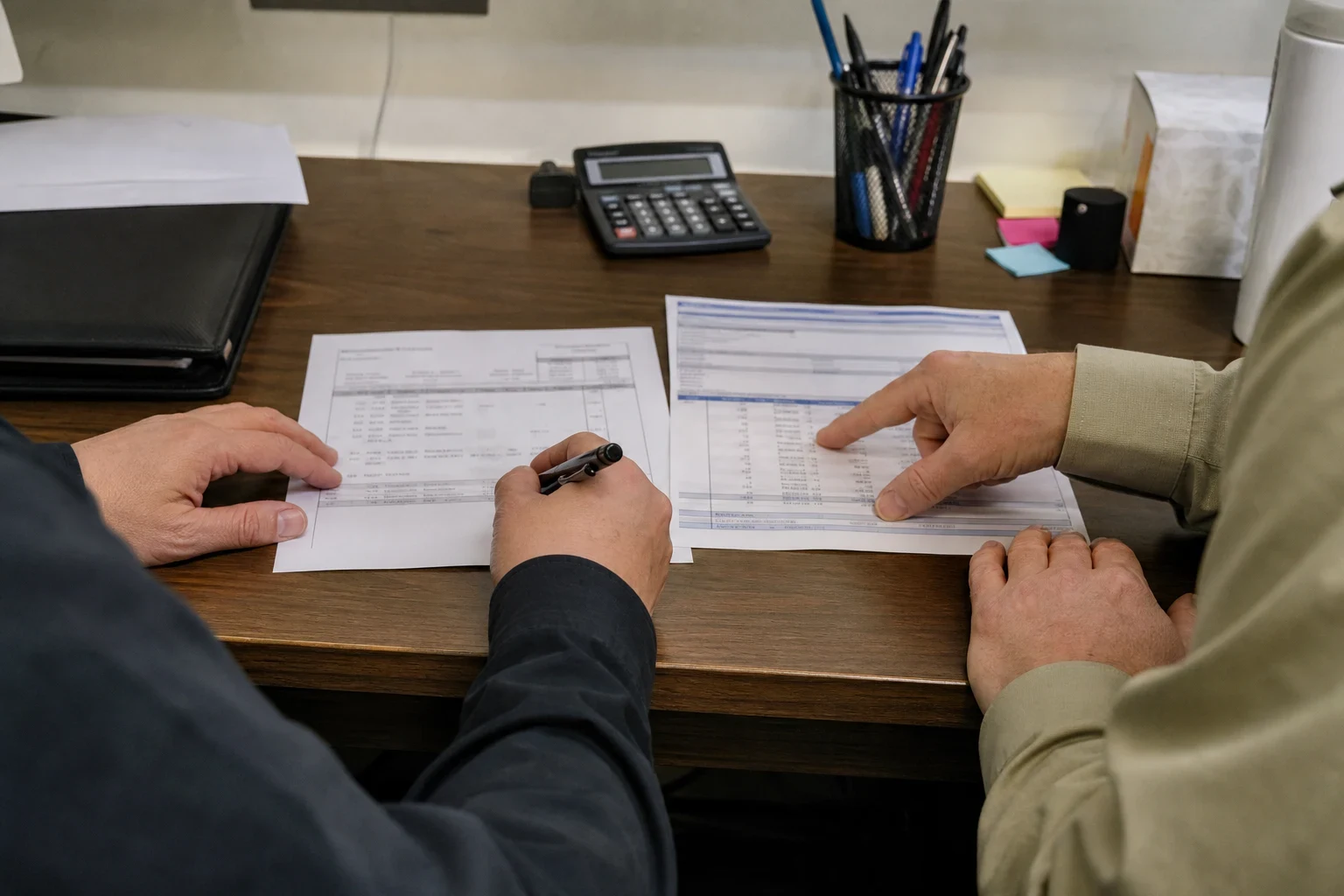 Two people at a wooden office desk comparing two printed financial documents side by side, one holding a pen and the other pointing at figures, with a calculator and pen cup nearby