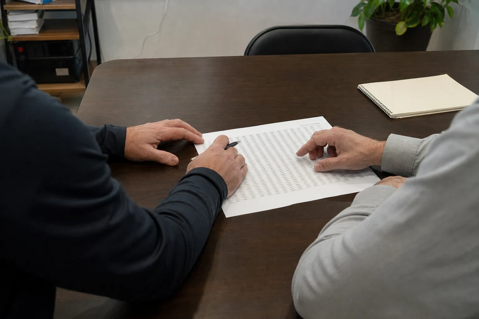 Two people at a dark wood conference table reviewing a printed page of figures, one holding a pen, with a notebook, chair, shelf and potted plant nearby